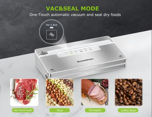 Miniatura 3 de Bonsenkitchen Máquina selladora al vacío, sellador de alimentos de acero inoxidable con 1 rollo y 5 bolsas, 5 modos de vacío de alimentos, cortador