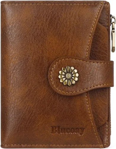 Miniatura 12 de Billetera para mujer, con bloqueo RFID, de piel de microfibra, compacta, plegable, con ventana de identificación extraíble (marrón)