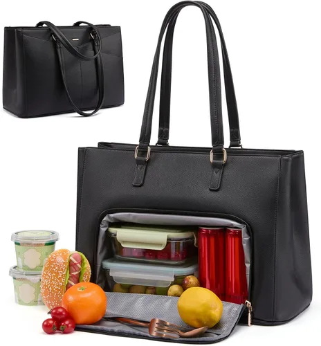 Miniatura 49 de LOVEVOOK Bolsa de mano para computadora portátil para mujer, bolsas de trabajo de cuero de 15.6 pulgadas con soporte grande para tazas para Negro