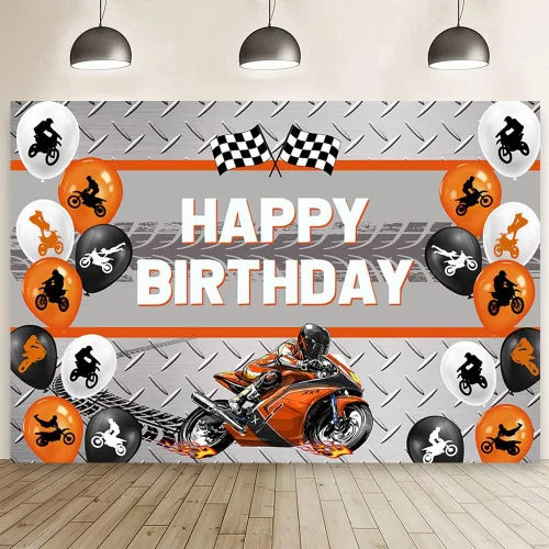 MEHOFOND Telón de fondo naranja de 7 x 5 pies para motocicleta, globo de carreras de motocross, decoración de fiesta de cumpleaños, deportes