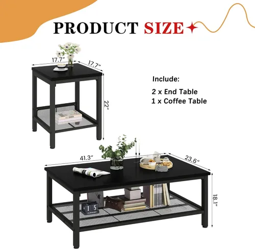 Miniatura 3 de Conjunto de 3 mesas de café AWQM, mesa de café industrial con 2 mesas auxiliares cuadradas, conjunto de mesas modernas para sala de estar con Negro