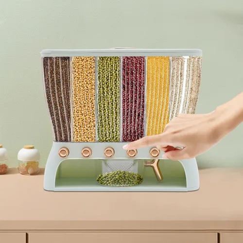 Miniatura 7 de Dispensador de alimentos secos, dispensador de cereales para encimera, 6 rejillas, dispensador de arroz de 22 libras, almacenamiento de cocina