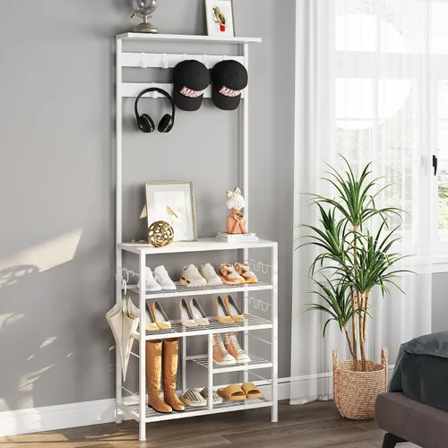 Miniatura 8 de GiftGo Estante de madera moderno de 5 niveles con 9 ganchos de metal movibles, organizador de almacenamiento para el hogar, oficina, dormitorio
