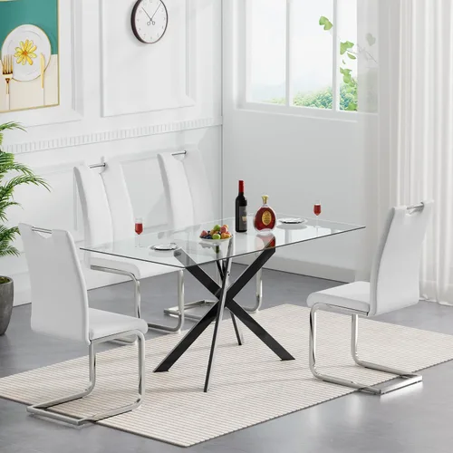 Miniatura 19 de Juego de mesa de comedor de cristal negro de 51 pulgadas para mesa de cocina de 4,5 piezas y sillas con patas de metal y 4 sillas de comedor de piel