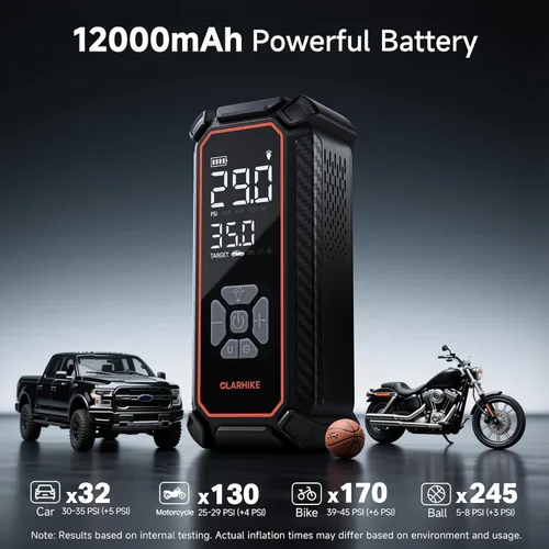 Miniatura 4 de OlarHike Inflador de neumáticos inalámbrico, compresor de aire portátil, inflado rápido 3X, batería de 12000 mAh, bomba de aire para neumáticos
