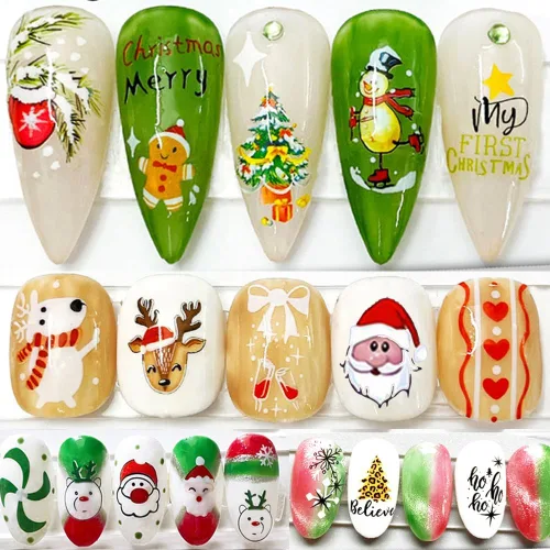 Miniatura 8 de 10 calcomanías de uñas de Navidad de invierno para mujeres, dibujos animados 3D, alce, muñeco de nieve, campanas de Papá Noel, copo de nieve