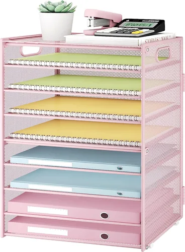 Miniatura 12 de SUBEKYU Organizador de papel de 9 niveles para escritorio, bandeja de cartas de malla de metal negro, organizador clasificador de papel de archivo