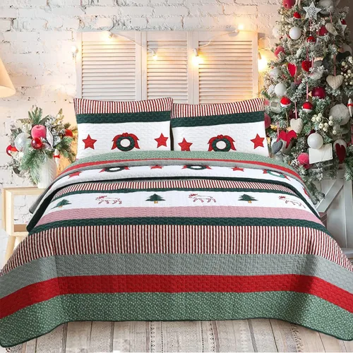 Miniatura 9 de Cozy Line Home Fashions Juego de ropa de cama reversible con diseño de retazos de Navidad, color azul marino, silencioso, cielo estrellado, cabaña