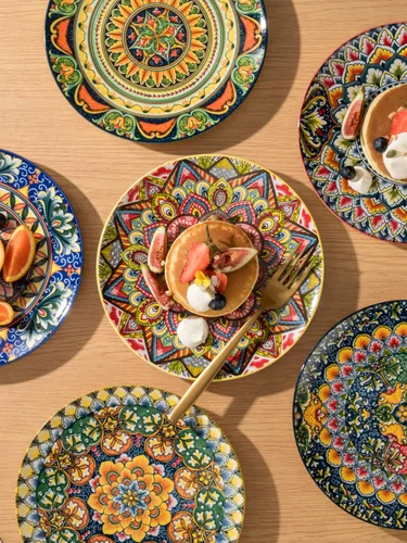 Miniatura 3 de Henten Home Juego de 6 platos de postre de cerámica, platos de ensalada de porcelana de 8.5 pulgadas, coloridos platos de estilo bohemio