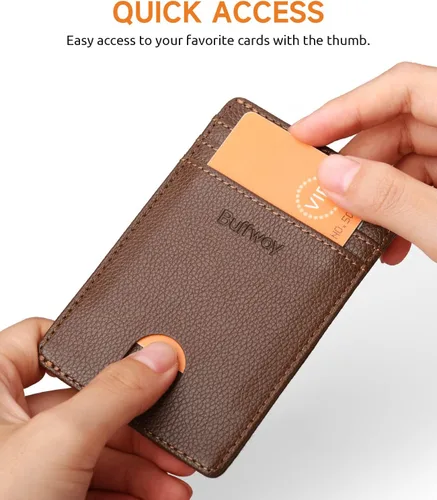 Miniatura 17 de Buffway Billetera delgada para hombre, minimalista con bolsillo frontal delgado, tarjetero de cuero con bloqueo RFID para viajes de trabajo