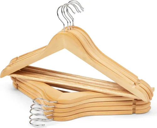 Perchas de madera para ropa, paquete de 10 perchas de madera natural, ranuras y muescas antideslizantes para los hombros, gancho cromado giratorio