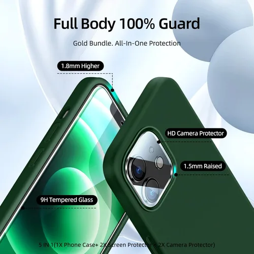Miniatura 2 de Funda 5 en 1 para iPhone 12 Pro con protector de pantalla y protector de lente de cámara, funda de silicona líquida para iPhone 12 Pro (verde alpino)