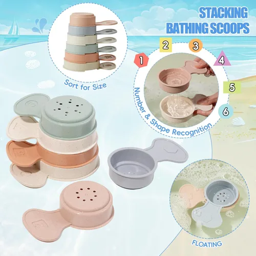 Miniatura 3 de Juguetes de baño para bebés, 11 piezas Juguetes de baño sin molde para niños pequeños con barquitos de baño Cucharas de baño educativas