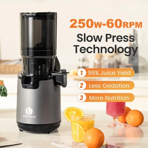 Miniatura 4 de Ventray Exprimidor de prensa en frío, máquina exprimidora con canal de alimentación extra grande de 5.12 pulgadas, exprimidor de masticación lenta