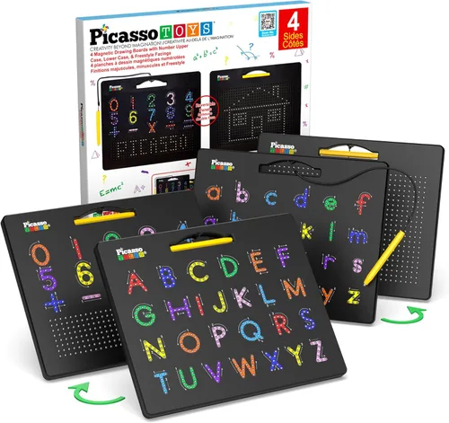 PicassoTiles 2PK Tablero de Dibujo Magnético 4 en 1 de 12 x 10 pulgadas, Tableta Magnética Grande con 4 Caras, Alfabetos en Minúsculas y Mayúsculas,