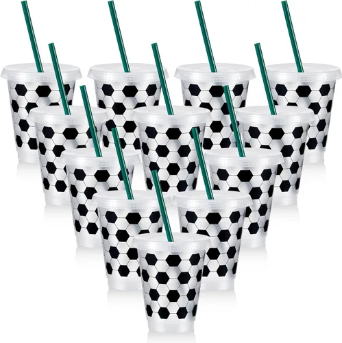 Miniatura 8 de Uiifan 6 Piezas Vasos de Fútbol de Plástico, Vasos Reutilizables a Granel con Tapa y Pajita, Regalos Deportivos para Entrenadores, Aficionados