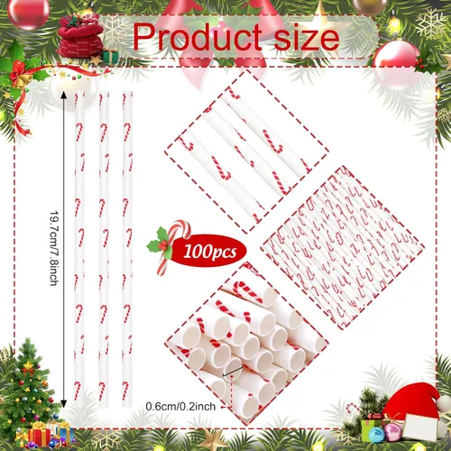 Miniatura 2 de 100 pajitas de papel de bastón de caramelo de Navidad, color rojo y blanco, para invierno, desechables, para bebidas, decoraciones de cócteles