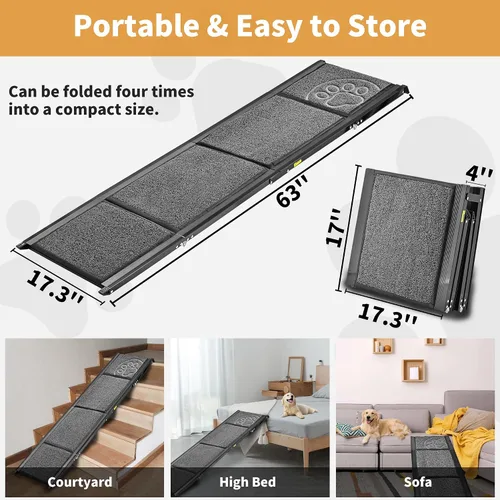 Miniatura 6 de Rampa para Perros para Automóvil de 63" de Largo y 17.3" de Ancho, Rampas Portátiles para Perros Grandes con Superficie de Alfombra Antideslizante