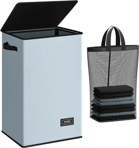 Miniatura 32 de SOLEDI - Canasta de lavandería con tapa de 100L, canasta de ropa plegable grande y alta, cesta de lavandería con bolsa removible fácil
