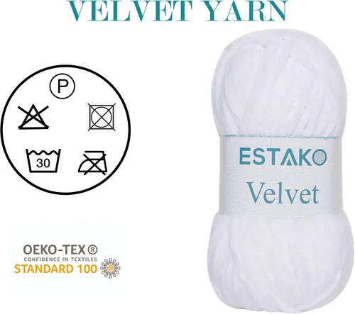 Miniatura 3 de Estako Velvet (Paquete de 3 madejas) Hilo de Chenilla para Amigurumi para Crochet y Tejido Súper Grueso 3x100 gr (3x120 m) (1110 - Blanco)