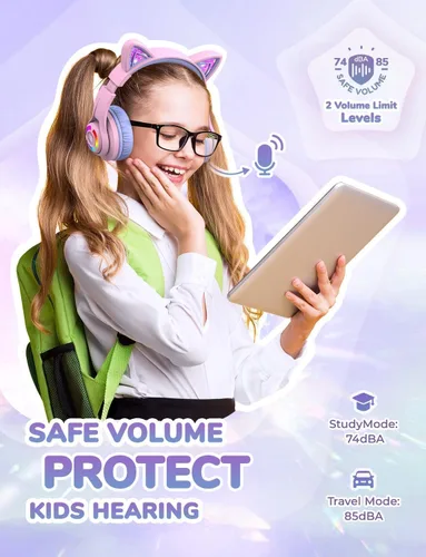 Miniatura 3 de iClever Cat Ear - Auriculares Bluetooth para niños, luces LED que se iluminan, volumen seguro limitado de 74/85 dBA, tiempo de reproducción de 50