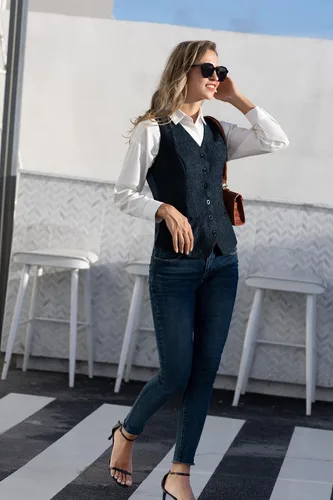 Miniatura 5 de KANCY KOLE Chaleco vintage para mujer, totalmente forrado, formal, de negocios, con botones, chaleco steampunk