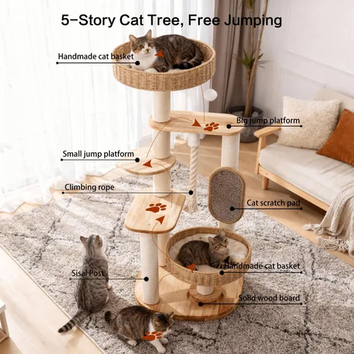Miniatura 3 de Árbol de madera para gatos grandes, torre alta para gatos con poste rascador para gatos de interior, condominio para gatos de varios niveles