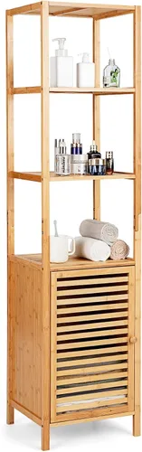 LOKO Gabinete alto de bambú, gabinete de almacenamiento estrecho para baño con estantes de 3 niveles y puerta de obturador, gabinete de torre