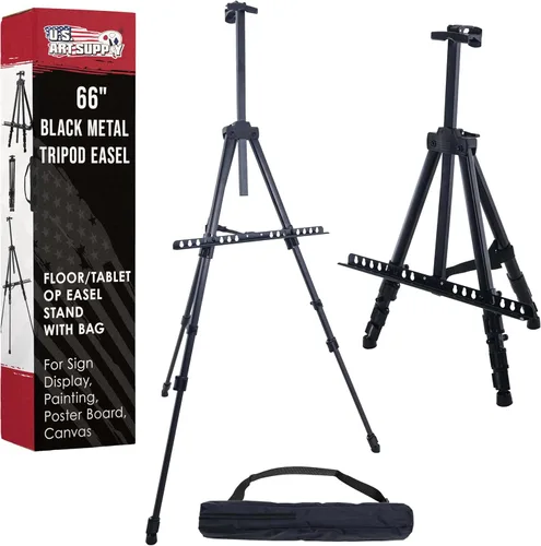 U.S. Art Supply Caballete de trípode de metal negro de 66 pulgadas, ajustable de 20 a 5.5 pies, con capacidad para lienzo de 32 pulgadas, soporte de