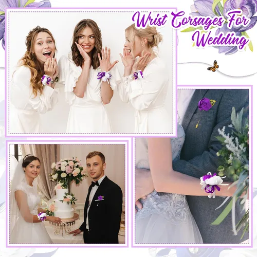 Miniatura 6 de Tigeen Juego de 24 ramilletes de muñeca y boutonniere para hombre, ramillete de muñeca de boda, flor de mano para madre de novia, novia, decoración