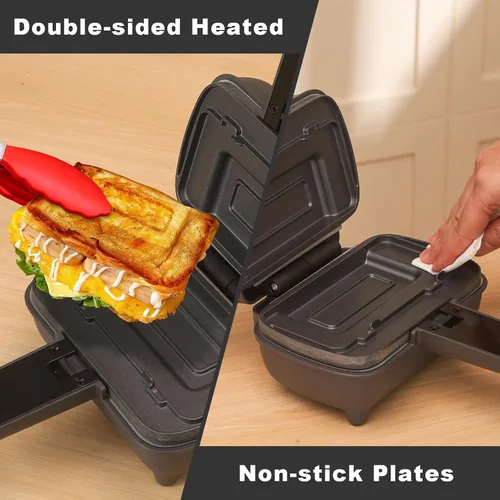 Miniatura 3 de UVFAST Mini sandwichera con platos extraíbles: Máquina portátil para hacer queso a la parrilla, sándwichera de desayuno eléctrica con platos