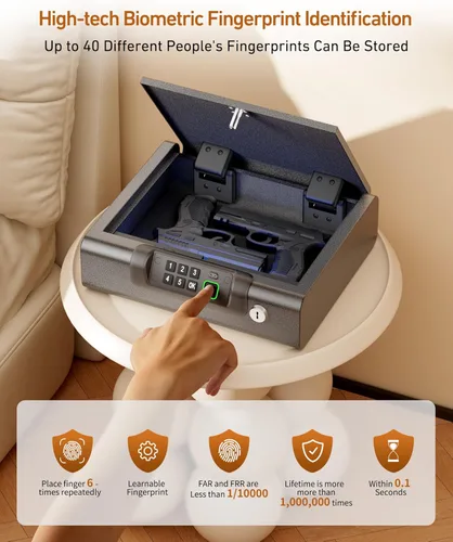 Miniatura 3 de Caja fuerte biométrica BILLCONCH para pistolas con 3 formas de desbloqueo por huellas dactilares, clave PIN digital y llave, caja fuerte para armas