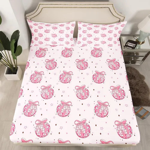 Miniatura 27 de Sábana bajera con lazo azul tamaño individual, juego de ropa de cama de princesa con cerezas, estrellas y flores margaritas de dibujos animados