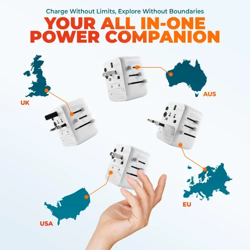 Miniatura 2 de Adaptador de viaje universal 6 en 1-10A Adaptador de corriente internacional con 3 puertos USB C, 2 puertos USB A Cargador portátil rápido