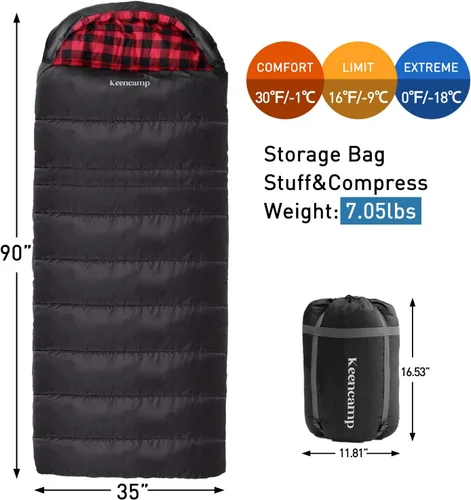 Miniatura 2 de Keencamp Saco de dormir de 0 grados de franela de algodón para invierno, clima frío para adultos, XXL saco de dormir de 4 estaciones, grande y alto
