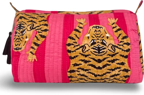 Miniatura 9 de Bolsa de maquillaje hecha a mano con estampado de bloques y bolsa de aseo – Estuche de viaje cosmético artesanal de algodón hecho a mano, Granada