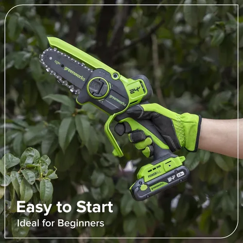Miniatura 5 de Greenworks Mini motosierra sin escobillas de 24 V y 4 pies (engrasador automático, tensión sin herramientas, ultraligera), batería y cargador