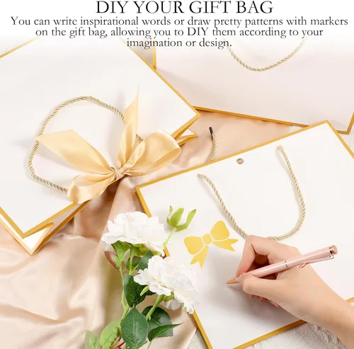 Miniatura 4 de Silkfly 12 bolsas de regalo con asas para dama de honor, 12 x 10 x 4 pulgadas, elegantes bolsas de regalo de bienvenida de boda con lazo para Blanco