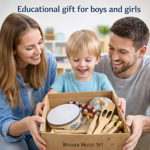 Miniatura 5 de Stoie's Instrumentos musicales de madera para niños pequeños con tambor, flauta, campanas de mano, platillos, castañuelas, triángulo, para bebés