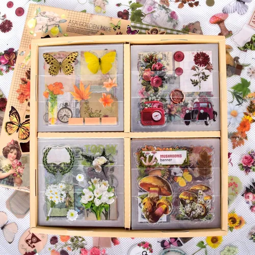 Juego de 510 calcomanías florales para álbumes de recortes, flores vintage, mariposa, hongos, hojas de arce, hojas de arce, transparentes,