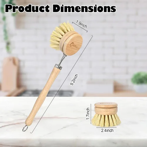 Miniatura 2 de Cepillo de bambú con mango – Cerda suave, cepillo vegetal no tóxico para alimentos, compostable y sostenible cepillo de cocina para platos, ollas