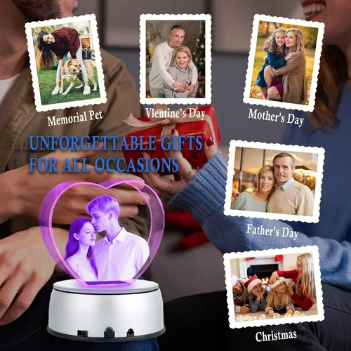 Miniatura 7 de Foto de cristal 3D personalizada, marco de fotos de vidrio grabado con láser, gran aniversario, cumpleaños, Navidad, Día del Padre, regalos Corazón