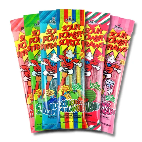 Sour Power Premium Sorbetes de caramelo surtidos – Los caramelos de pajitas agrias originales desde 1985 – 50 g (Paquete de 6) – Vegano, no