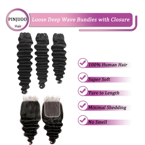 Miniatura 2 de Paquetes de cabello brasileño suelto de onda profunda con cierre, 3 paquetes y cierre de cabello humano de 10, 12, 14+10 pulgadas, 100% sin