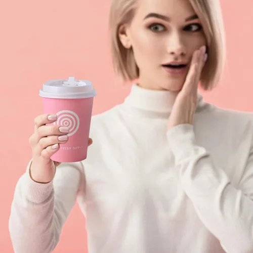 Miniatura 6 de JollyPack Paquete de 100 tazas de papel para café de 12 onzas con tapas y agitadores en rosa y verde. Ideal para café, jugo, té, uso doméstico