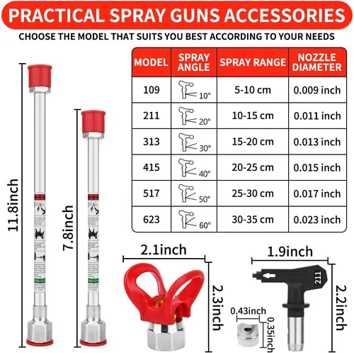 Miniatura 2 de Juego de 10 accesorios de pistola pulverizadora de pintura sin aire equipado con 2 varillas de extensión, 6 puntas de pulverización y 2 asientos