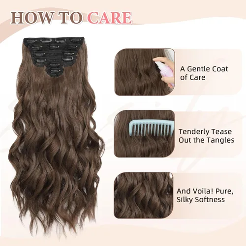 Miniatura 7 de Fliace Extensiones de cabello con pinza para mujer, castaño claro, ondas largas, extensiones de cabello sintético, suaves y naturales, gruesas, 6