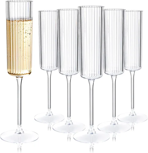 Ciaell Paquete de 24 copas de champán de plástico – Copas de champán desechables acanaladas de 6 onzas – Copas de mimosa vintage transparentes con