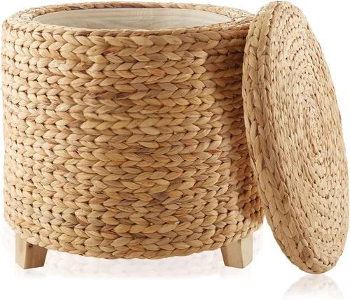 Casafield Otomana redonda de almacenamiento de 17 pulgadas con tapa, natural, taburete de jacinto de agua tejido a mano para sala de estar,
