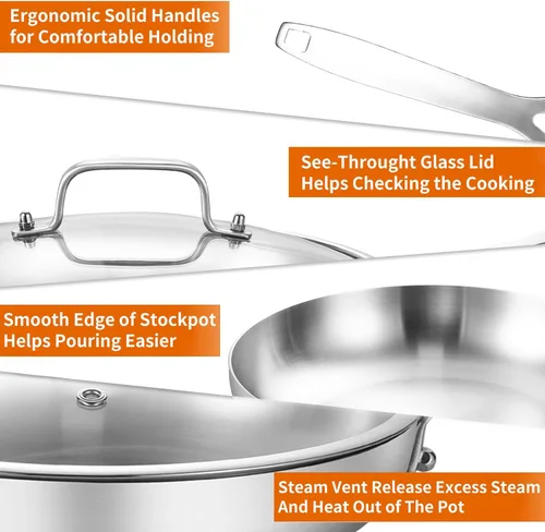 Miniatura 4 de DELARLO Sartén de Acero Inoxidable de Tres Capas de Cuerpo Completo de 12 Pulgadas con Tapa, Sartén Grande de Cocina Adecuada para Todas las Estufas